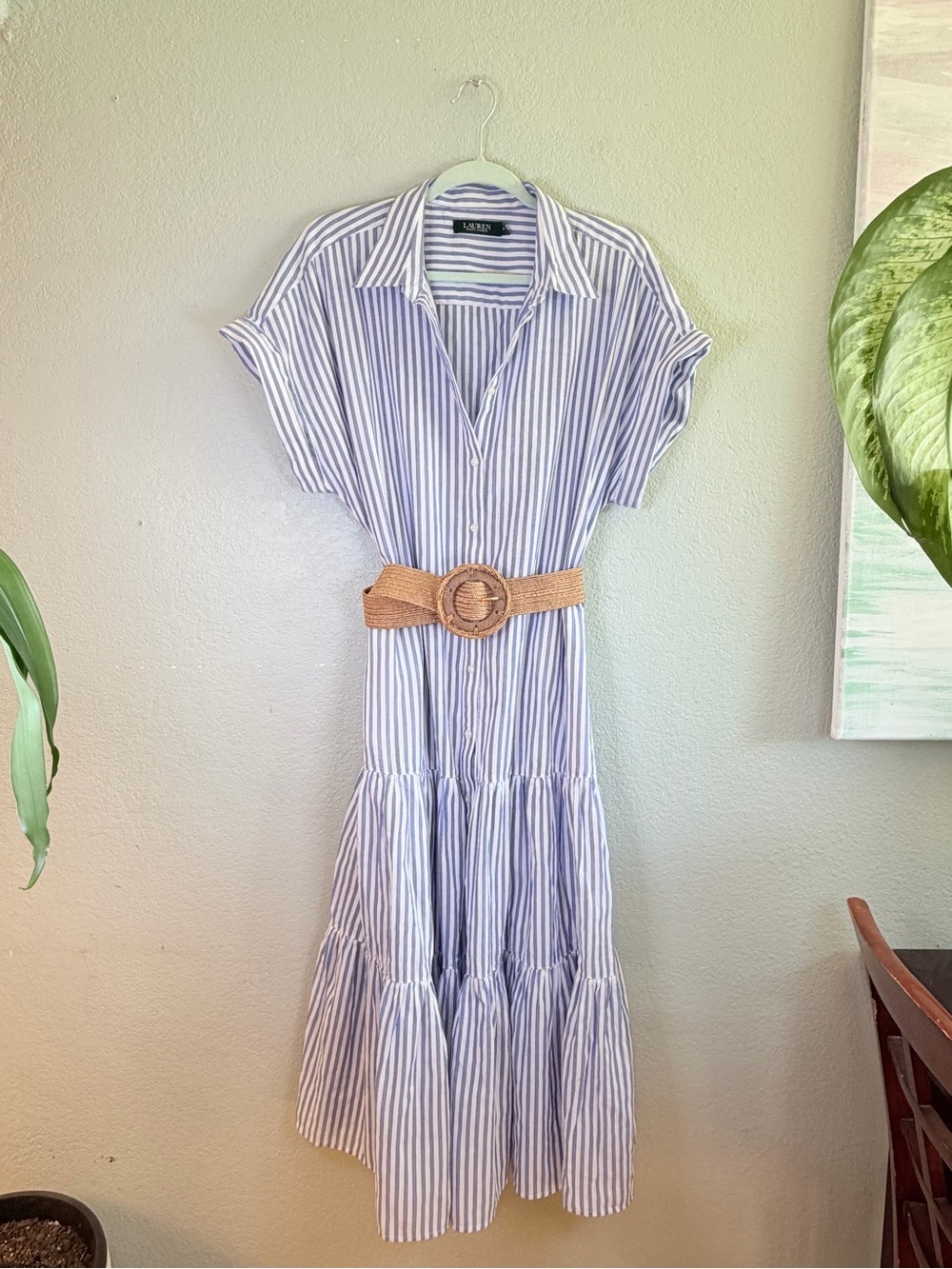 Lauren Ralph Lauren White Blue Pinstripe Tiered Flowy Preppy Boho Midi Dress 16